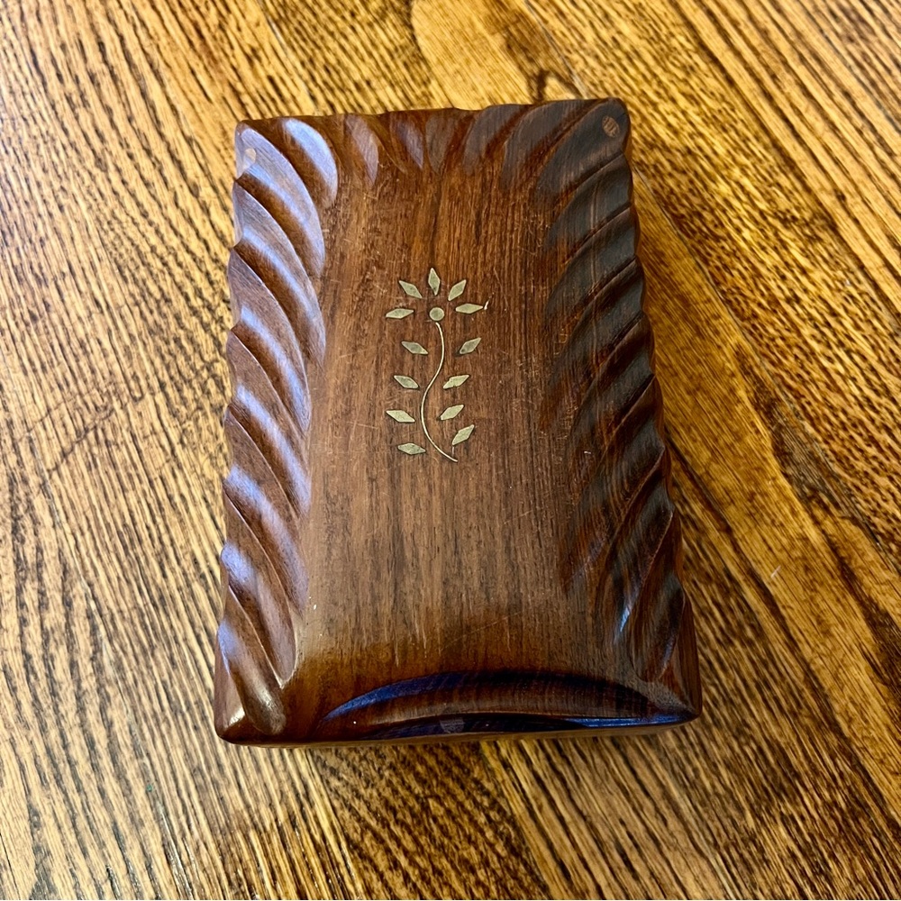 Vintage Archana Crafts Brown Wooden Box w/ gold inlay Hinged Lid